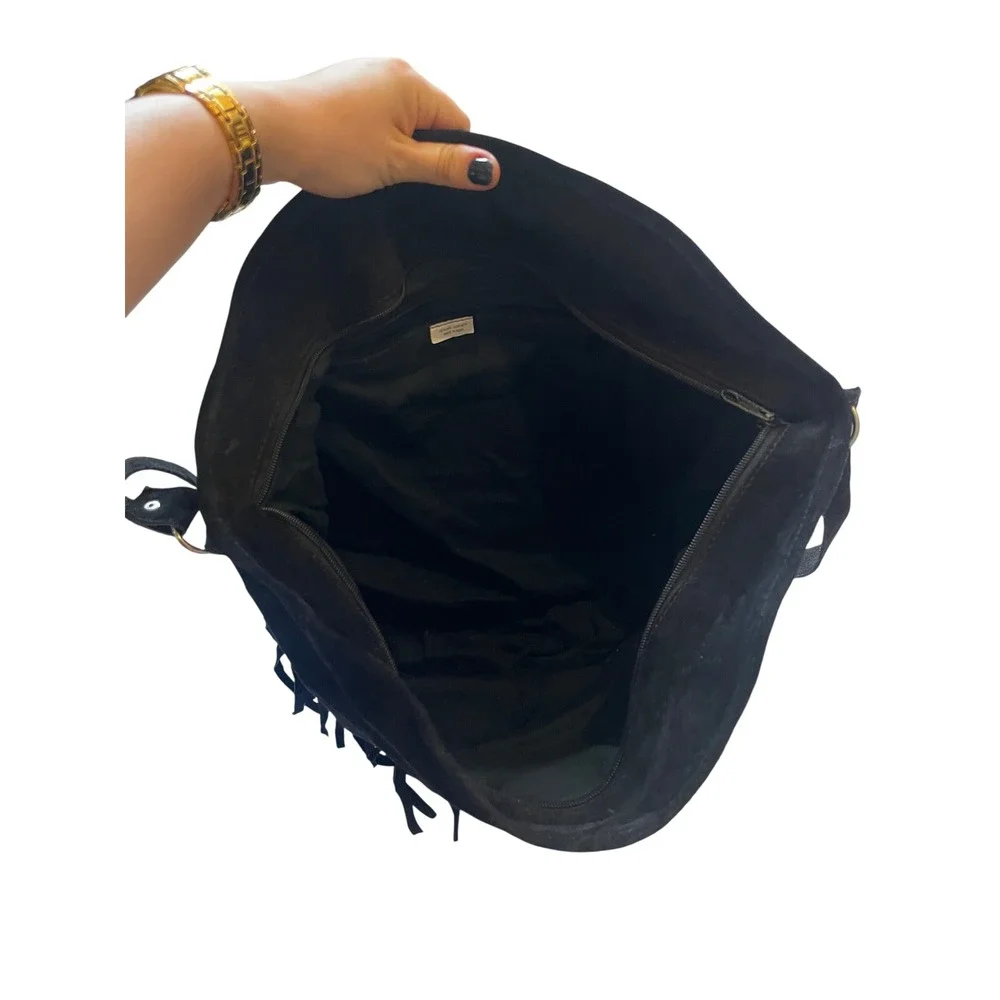 Black Genuine Suede Fringe Hobo Bag Studded Western Boho Shoulder Bag